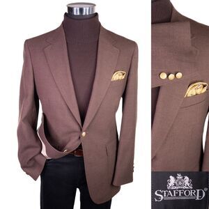 Stafford Two Gold Tone Button Blazer Jacket Brown 41R Sport Coat Solid Wool